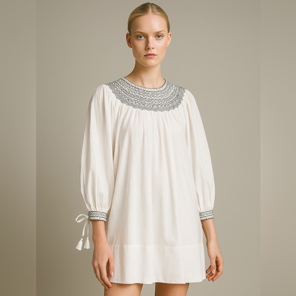 Doen Dresses & Skirts - Doen Dress Womens Small White Black Smocked Organic Cotton Boho Long Sleeve